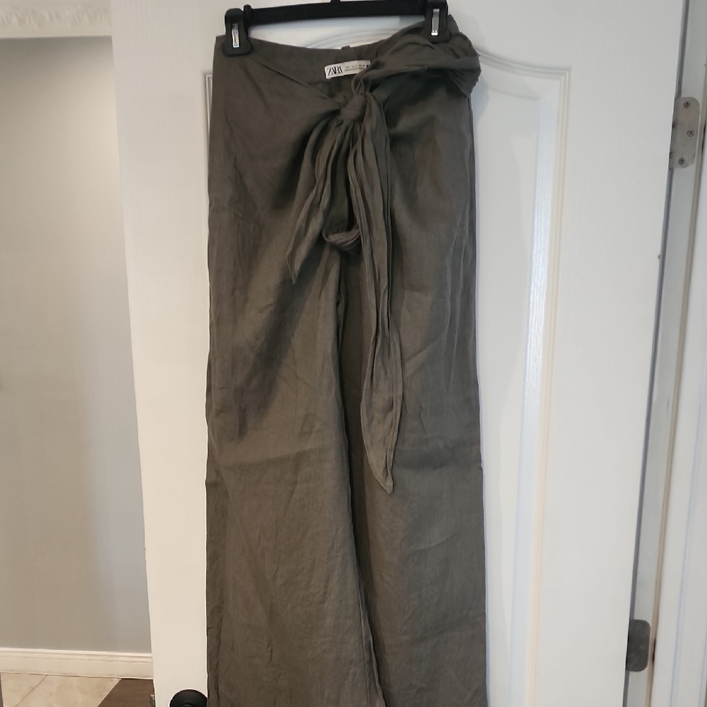 Zara Khaki Tie-Front Trousers